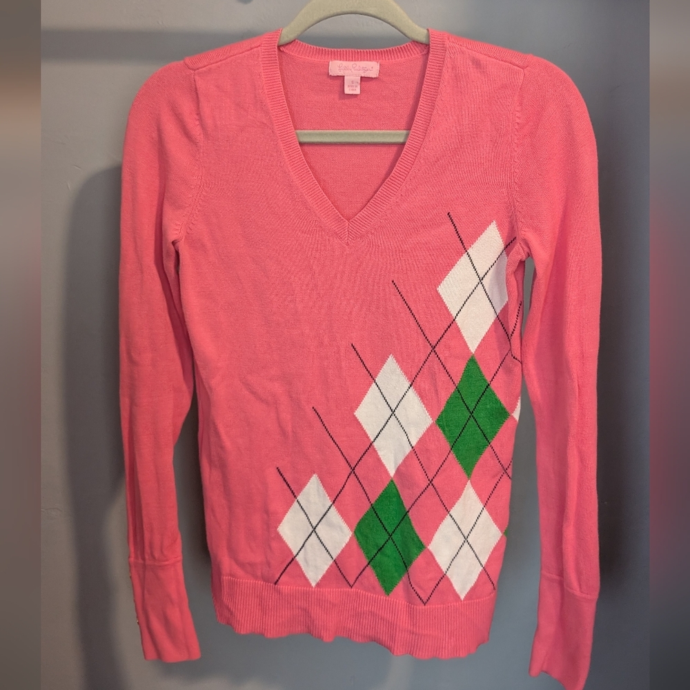 🫰🏼 Lilly Pulitzer Pink Green Preppy Clueless Argyle V-Neck Sweater